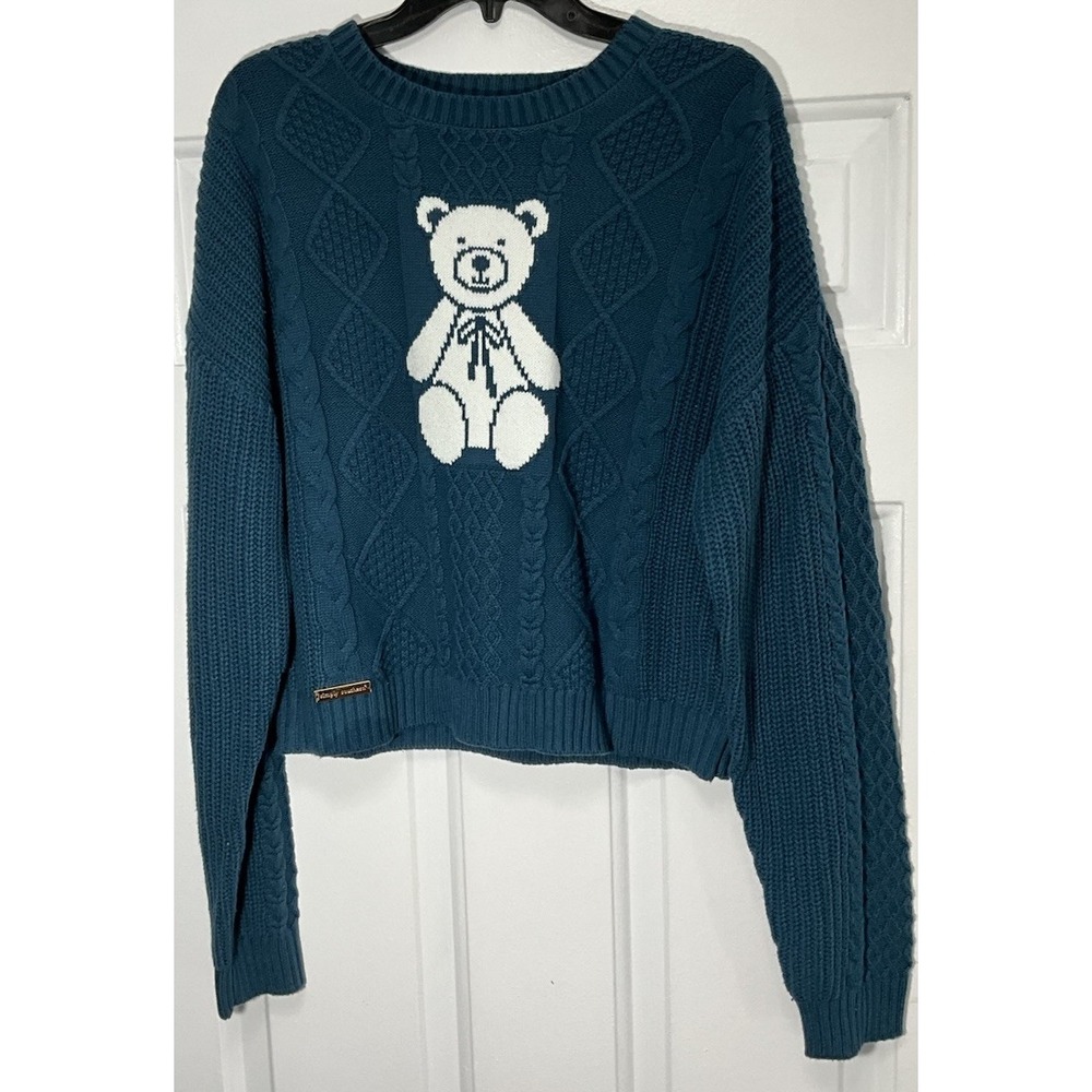Simply Southern Teal/Green Chunky Knit Teddy BearBlue Sweater Women's XL